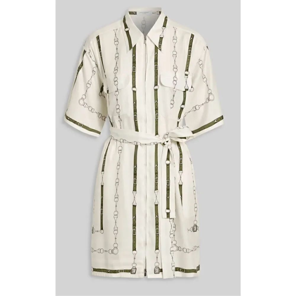 Equipment Femme Olive & White Zipper Front Shirt Dress Size Small NEW